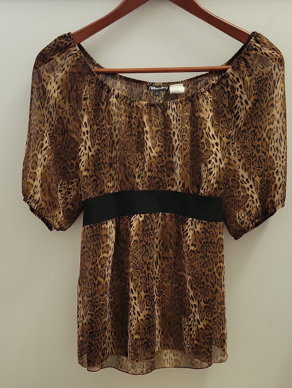 Vintage Mandee Y2K Leopard-Print Brown & Black Peasant Top Baby Doll Size Large